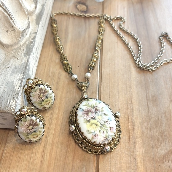 West Germany Jewelry - Vintage West Germany Necklace & Earrings Set. Stamped. Porcelain.  Floral Cameo